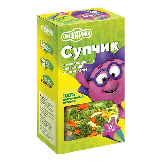 Супчик Смешарики с макарошками, чечевицей и шпинатом 160г