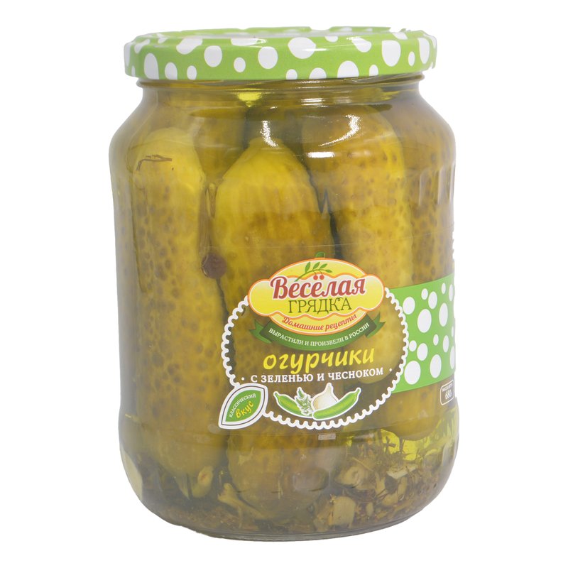 Огурчики Веселая грядка маринованные с зеленью и чесноком 680г