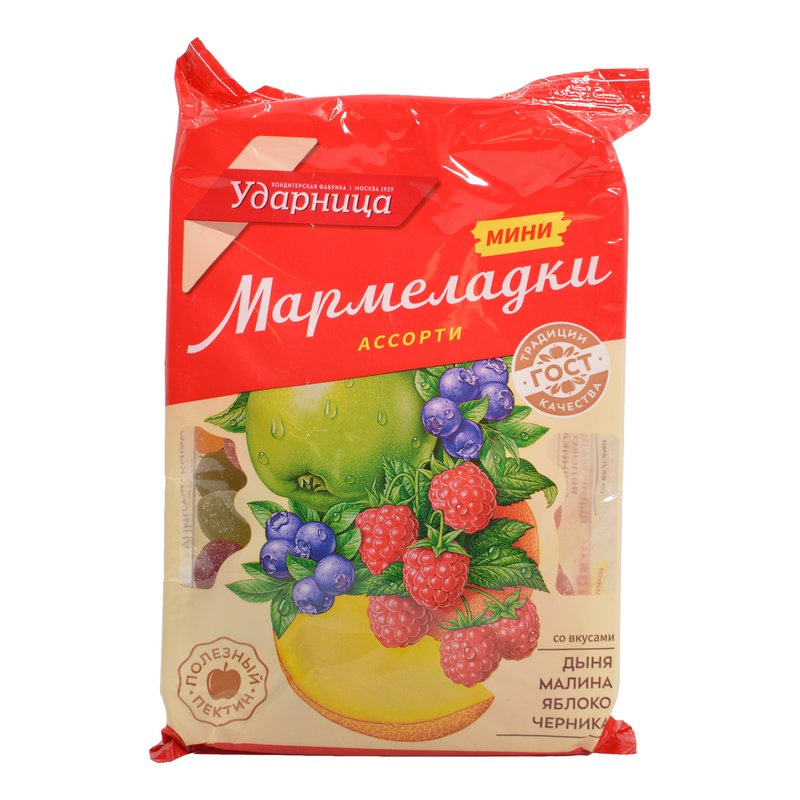 Мармелад Ударница ассорти мини со вкусами Дыня, Малина, яблоко, Черника 275г