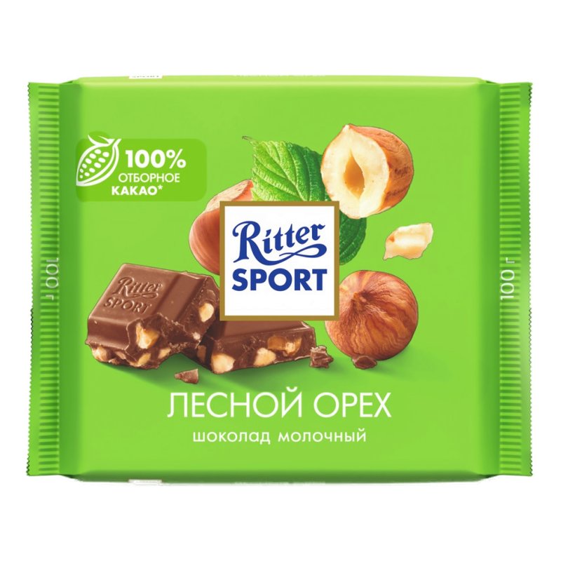 Шоколад Риттер Спорт молочный с дробленным лесным орехом 100г