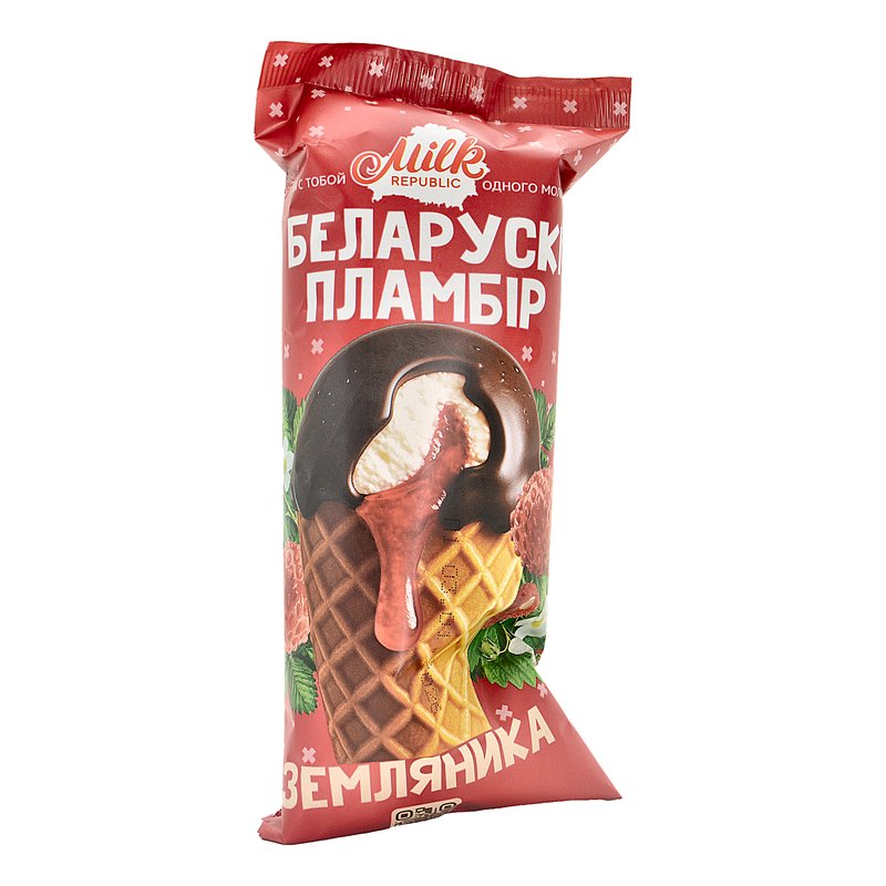 Мороженое Белорусский пломбир рожок с ароматом ванили и наполнителем земляника 85г