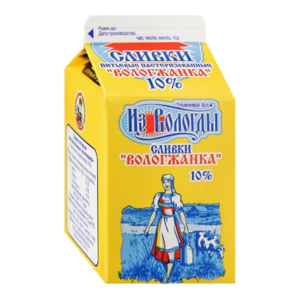 Сливки Вологжанка питьевые жир.10% 470г