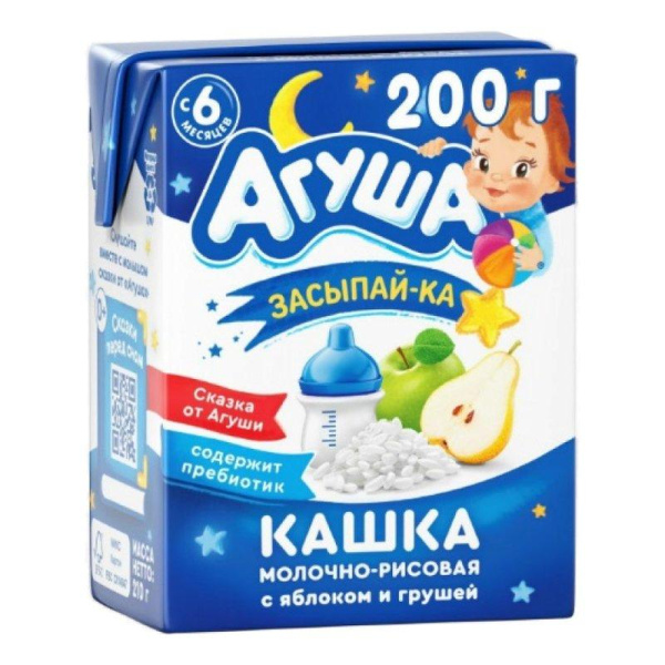 Каша Агуша Засыпай-ка молочно- рисовая с яблоком и грушей 2,5% 200мл