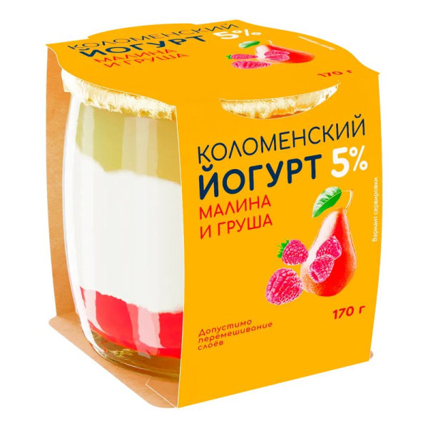 Йогурт Коломенский малина и груша 5% 170г ст/б