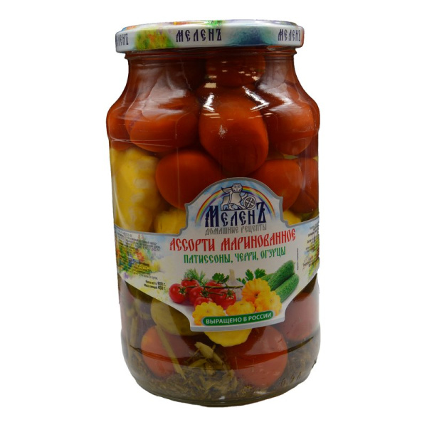 Ассорти Мелен маринованное патиссоны+черри+огурцы 900г