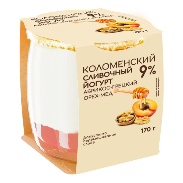 Йогурт Коломенский сливочный абрикос-грецкий орех-мед 9% 170г ст/б