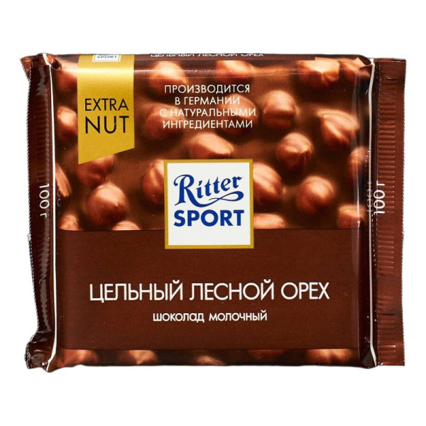 Шоколад Риттер Спорт молочный с цельным лесным орехом 100г экстранут